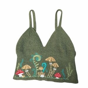 ROMWE Olive Green Knit Mushroom Embroidered Cami Top